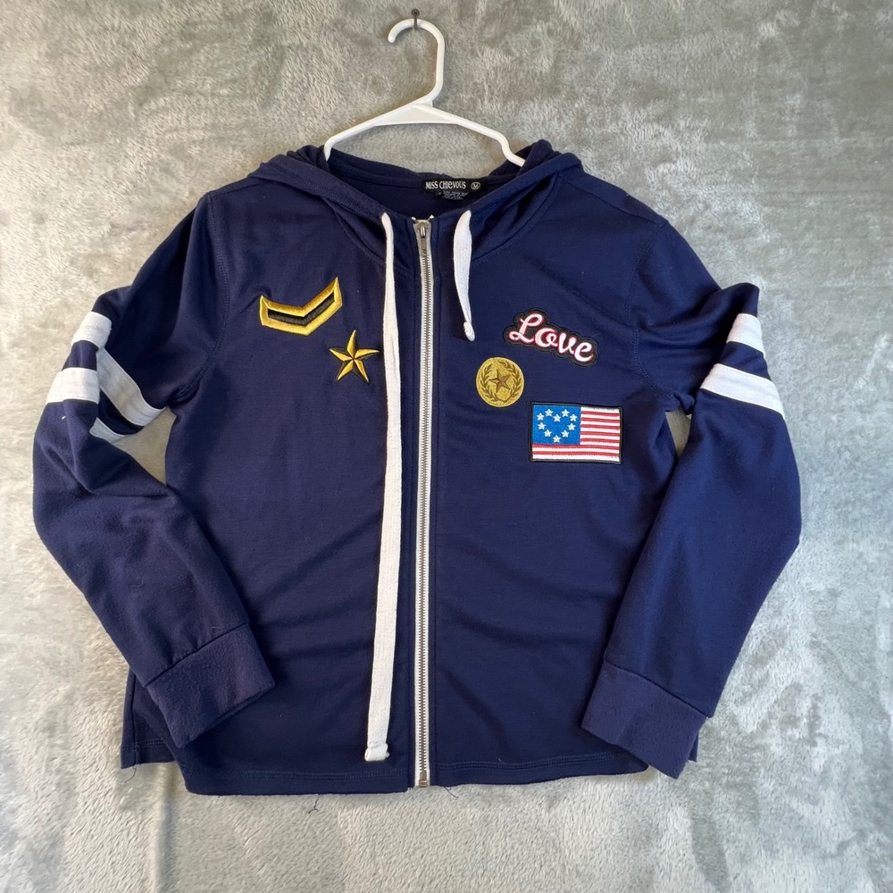 Miss Chievous Navy Blue Zip Up Hoodie‎ Love USA Flag Patches Stripes Women's M